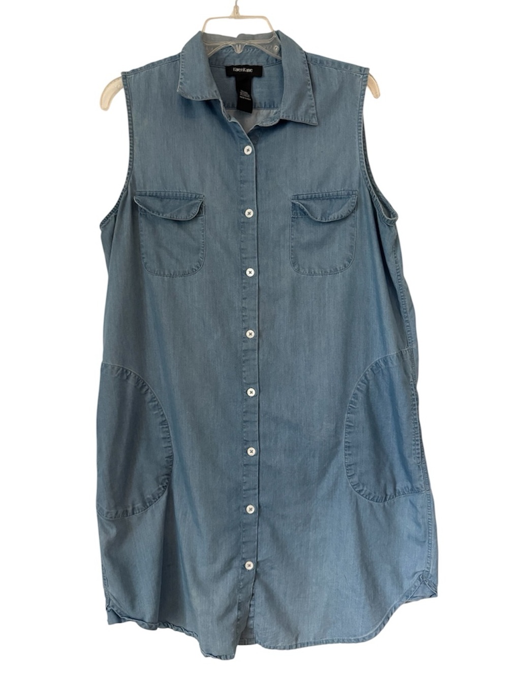 Karen Kane Sleeveless Collared Button-Front Chambray Dress Tencel Pockets XL